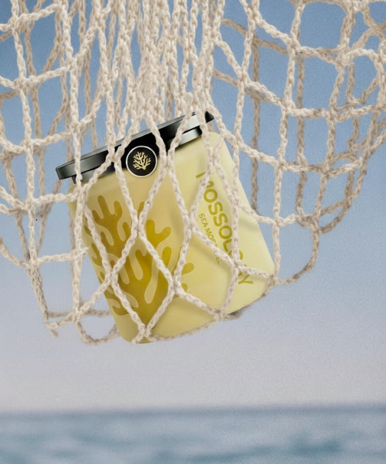 Original Mossology Sea Moss Gel jar hanging from a white net against a blue sky.