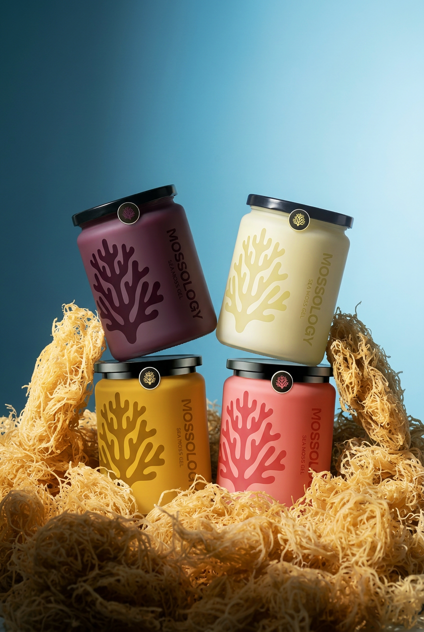 Four Mossology Sea Moss jars with seaweed on a blue background
