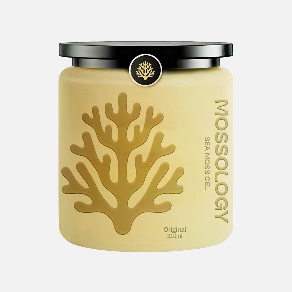 Mossology Sea Moss Gel jar Original flavour with coral design on a white background
